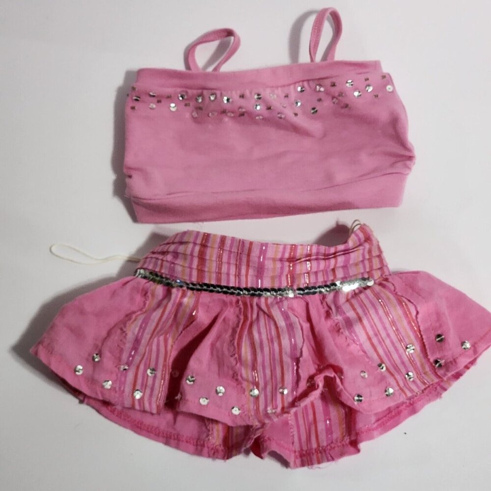 Build a Bear Pink‎ Tank Top & Striped Distressed Skirt w/ Silver Sequins 2pc Lot